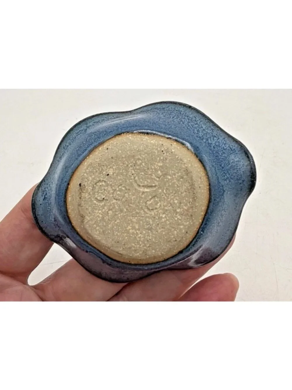 Vintage Studio Pottery Ring Holder Dish Blue Gray Glazed Ruffled Edge Signed
